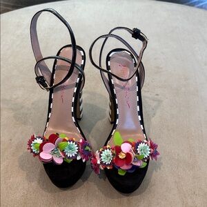 Betsy Johnson Black Floral Appliqué Platform Sandals with Ankle Strap